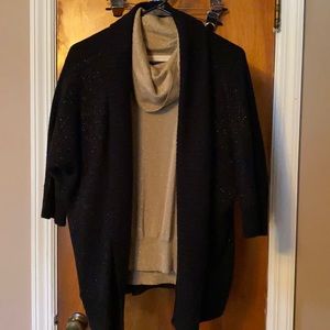 Beautiful black cardigan with sparkles and sparkly gold shirt for underneath.